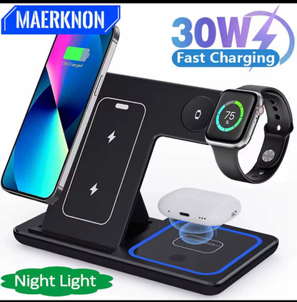 Supporto di ricarica wireless magnetico pieghevole 3 in 1 da 30 W per iPhone 16 15 14 13 Pro Max e Apple Watch 9 8 7, docking station a ricarica rapida.